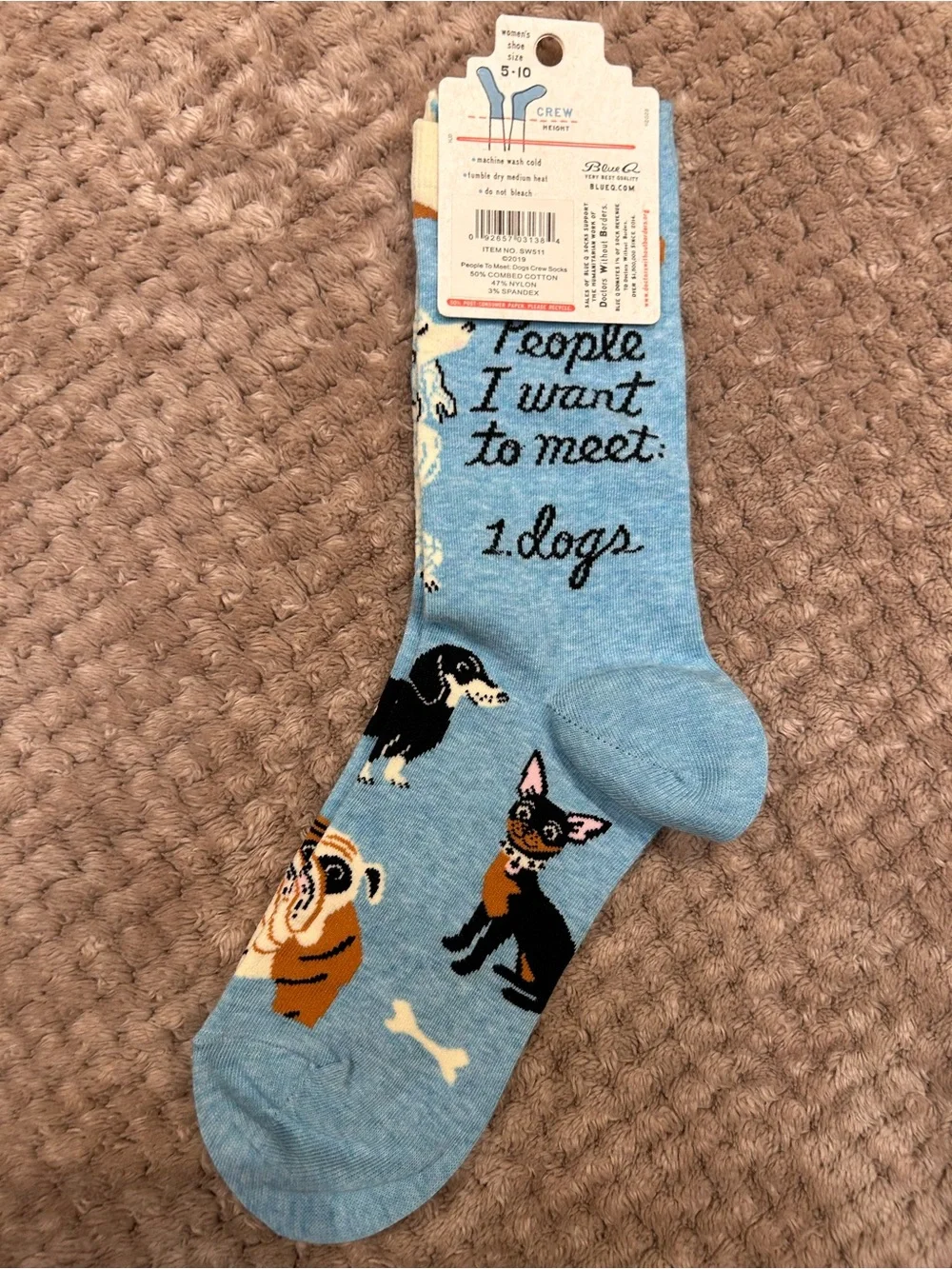 NWT: Blue Q Women's Light Blue Dog Crew Socks - Fun Dog Pattern